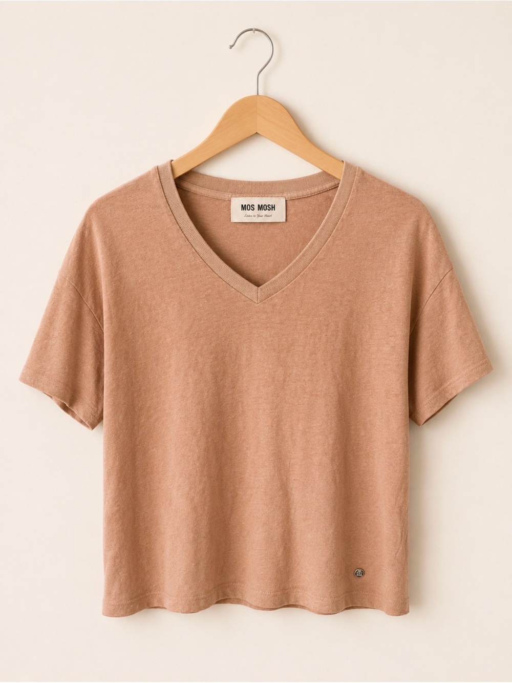 Mos Mosh 100% Linen V-Neck Tee Size Small Taupe Beige Short Sleeve